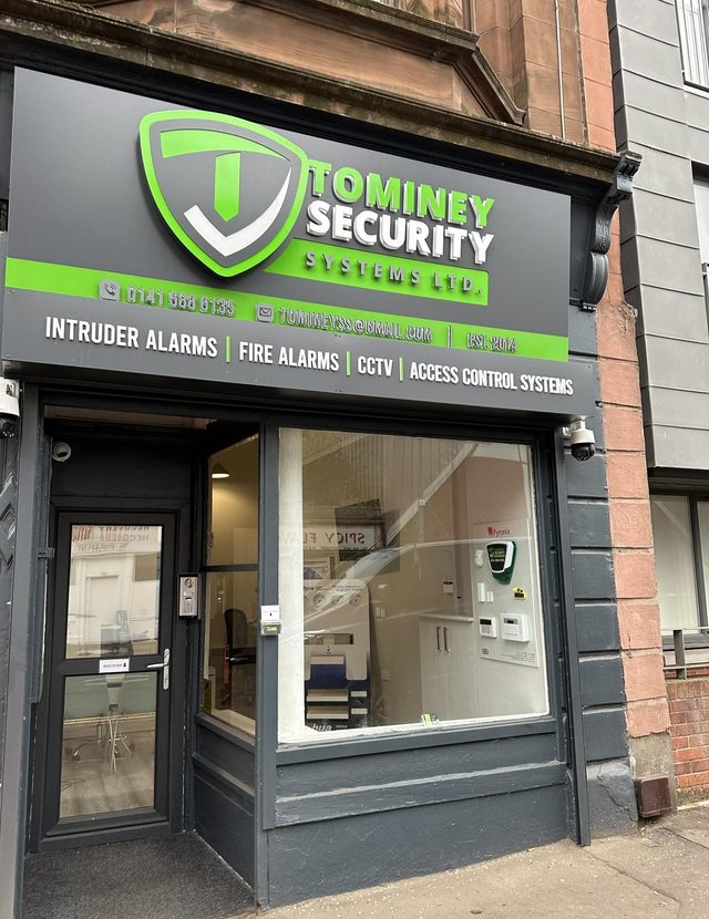 The Tominey Security Systems shopfront at 1312 Gallowgate, Glasgow, G31 4DR